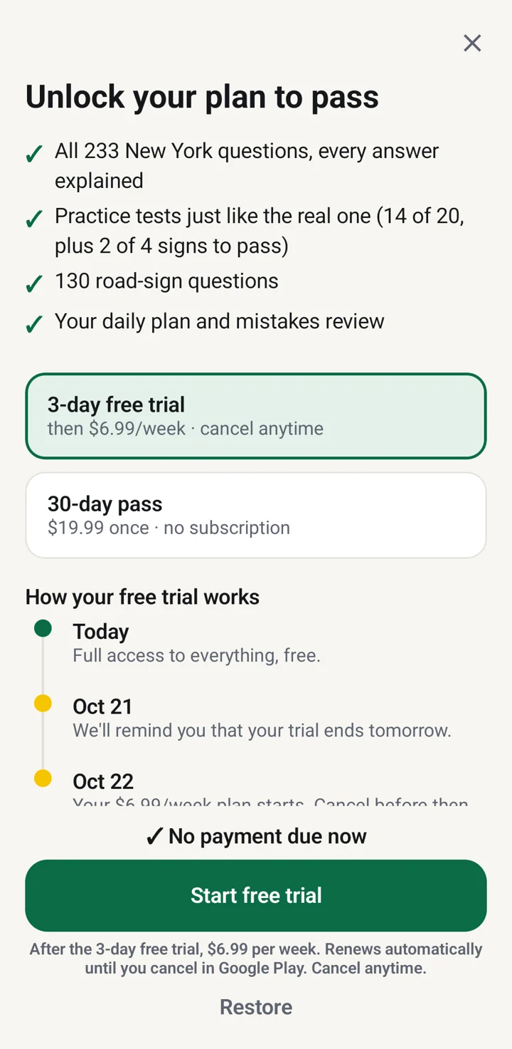The plan options screen with a free trial timeline